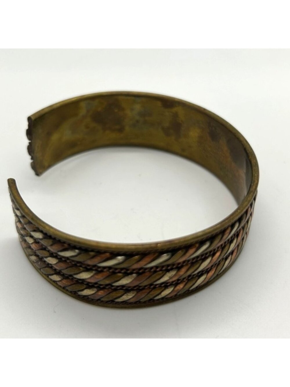 Vintage Adjustable Brass Copper & Silver-Tone Tricolor Cuff Bracelet 8" Unisex - Picture 6 of 16